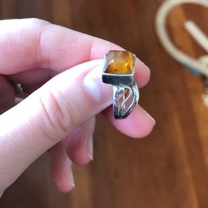 Amber Art Deco Inspired Sterling Silver Ring Size 6.25